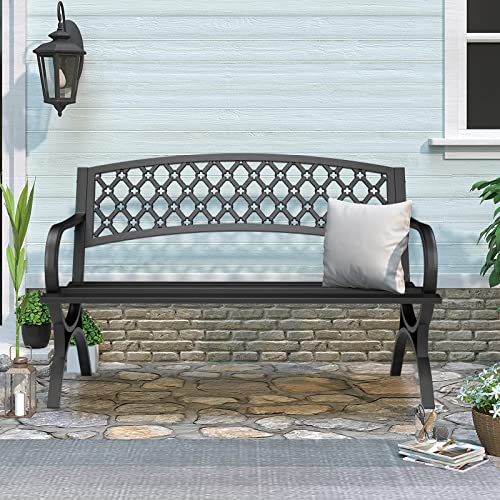 Outdoor Bench Garden Benchs, Weatherproof Anti-Rust Heavy-Duty Outside Bench Clearance, Wrought Iron Metal Bench for Front Porch, Patio, Park, Ergonomic Backrest, Slatted Seat - style: Quadrilateral