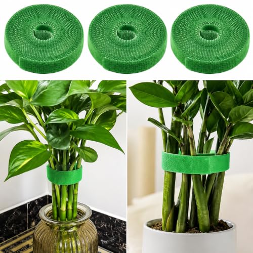 Reusable Green Nylon Plant Ties, 3 Pack 5M Double-Sided Garden Tape for Support, Tomato, Vine, Vegetable Plants, Soft Tree Training Wraps with Cutter for Gardening