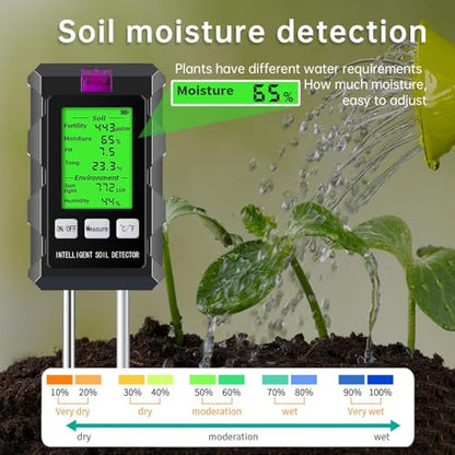 6-in-1 Soil Moisture Meter with Moisture/pH/Temperature/Sunlight/Air Humidity/Fertility, Soil Tester for Farming, Gardening and Outdoor Plants (2*AAA Battery Needed)| Factory-Permanent Calibration