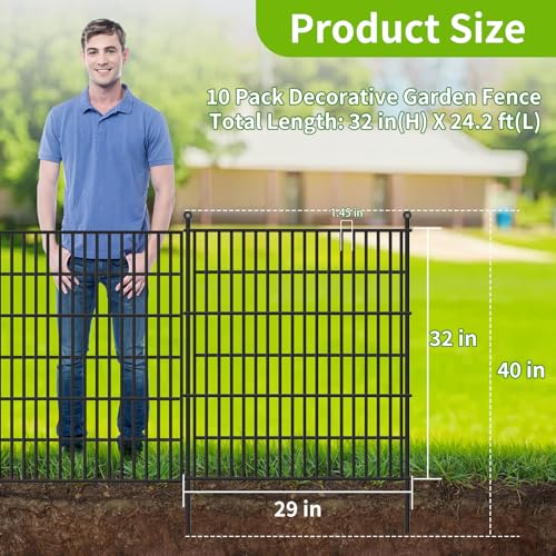 Toolterritary 10 Panels No Dig Garden Fence, 32 in(H) X24.2 ft(L) Metal Fence Panels, Thickened Rustproof Garden Fencing, Animal Barrier Fence for Dogs, Rabbits, and Patio - size: 32 in(H)×29in(L)