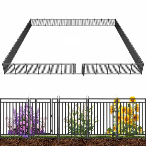 Decorative Garden Fence Metal Dog Fence Outdoor for Yard, 110ft (L) × 32in (H), 42 Panels + 6 Gates, Rustproof Animal Barrier Fencing for Patio & Flower Bed, No Dig, Black-Silver - size: 32in(H)x110ft(L)