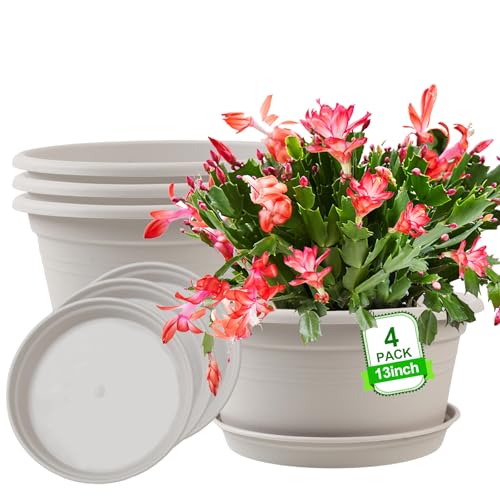 Large 4 Pack 13 inch Plant Pots, Round Plastic Pots for Plants, Gray White - color: Gray White, size: 13 Inch - 4Pack