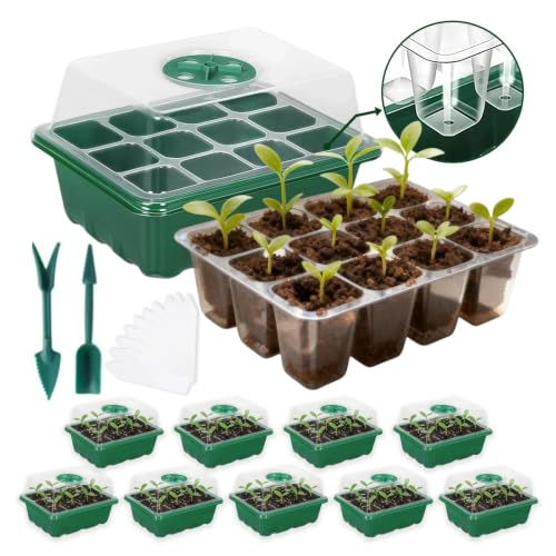 10 Pack Seed Starter Tray Seed Starter Kit (120 Cells Total Tray) with Humidity Adjustable Dome, for Seeds Growing Starting Plant Germination Trays, Mini Green House Germination Trays.