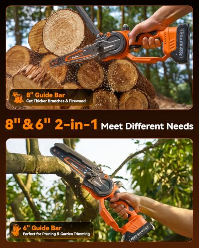 Mini Chainsaw Cordless, 8 Inch & 6 Inch Electric Chainsaw Battery Powered, 1000W Brushless Handheld Power Chain Saw with 2 Batteries, Small Tree Saw for Branch Trimming Wood Cutting - color: Orange