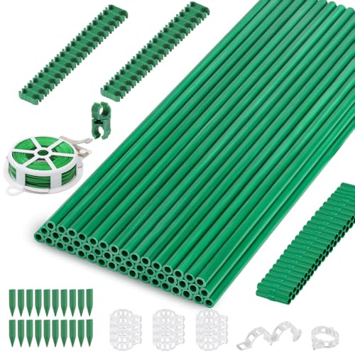 Cludoo 162PCS Garden Stakes Set with 50 Sets Fiberglass Plant Stakes Sticks Supports and Accessories, DIY 4ft 5ft 6ft 7ft Tomato Stakes for Tomato,Vegetables, Pepper, Fences Indoor Outdoor Plants - size: 50 sets