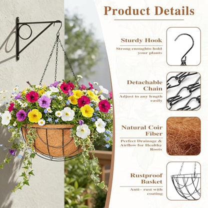 4 Pack Hanging Planter for Outdoor Plants 12 inch Metal Hanging Flower Basket with Coco Coir Liner Round Wire Plant Holder Chain Flower Pots Outdoor Garden Decoration Watering Hanging Baskets（DQ） - size: 12" x 4 Pack, style: Earth