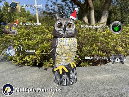 Solar Powered Owl, Motion Detection, Rotating Head, Realistic Hoots and Silent Mode, Outdoor Statue, Sculpture, Owl Decoration with a Christmas Hat for Home, Garden, Patio and Lawn