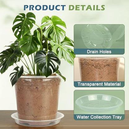 8 Inch Clear Nursery Pots with Saucers, 10 Pack Large Plastic Pot for Plant - size: 8inch-10pcs