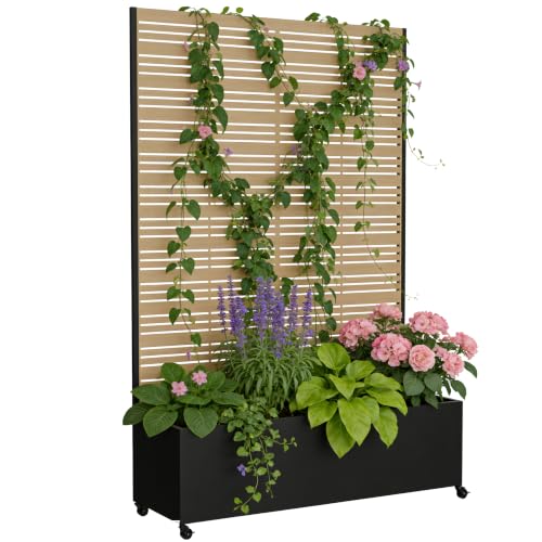 Metal Planter Box with Trellis Privacy Screen, Raised Garden Bed with Trellis & Wheels, Privacy Planters for Patio, Planter Box with Drainage Holes for Climbing Plants, Flower, 73"x 47"x 16", Wood - color: Wood Grain line, size: 73"x 47"x 16"