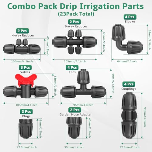 23PCs 1/2 Drip Irrigation Fittings for 1/2 & 1/4 Inch Tubing- Drip Irrigation Parts with 1/4 Reducer Connectors, 3/4 Garden Hose Adapters, Straight Tees, Couplings, Elbows,Valves, End Caps