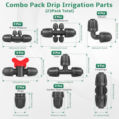 23PCs 1/2 Drip Irrigation Fittings for 1/2 & 1/4 Inch Tubing- Drip Irrigation Parts with 1/4 Reducer Connectors, 3/4 Garden Hose Adapters, Straight Tees, Couplings, Elbows,Valves, End Caps