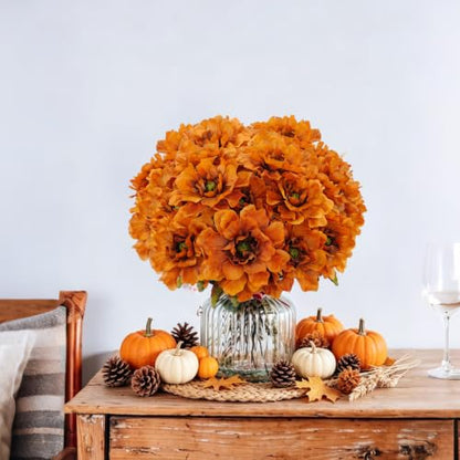 Fake Fall Flowers Artificial 4 Bundles Burnt Orange Mums for Vase - color: Brown Orange