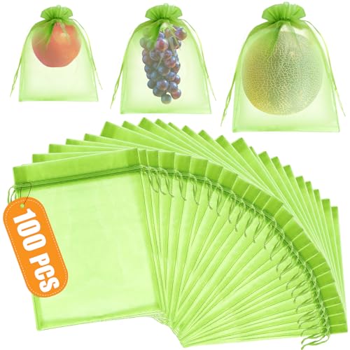 DQS Fruit Protection Bags, 100pcs 6"x8" Green Mesh Organza Produce Bags