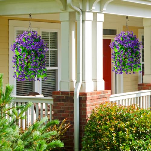 INQCMY Fake Hanging Flowers with Basket Artificial Violet for Outdoor Porch - color: Purple