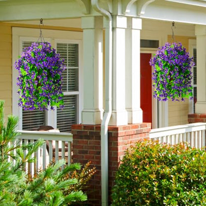 INQCMY Fake Hanging Flowers with Basket Artificial Violet for Outdoor Porch - color: Purple