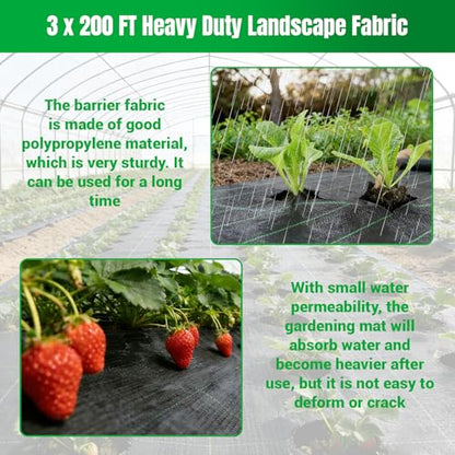 Weed Barrier Fabric Planting Cover - 3 x 200 FT Heavy Duty Landscape Fabric Ground Cover Block for Outdoor Planting - size: 3 x 200 FT