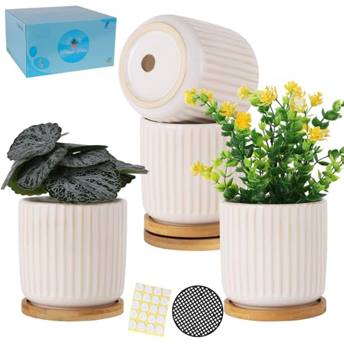4 Inch Ceramic Plant Pots with Drainage Holes, White, Set of 4 - color: White(4inch)