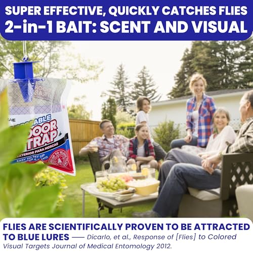 Fly Traps Outdoor Fly Trap for Patio. 12 Non-Toxic Pre-Baited Flies Bags Outdoor Disposable. Hanging Bug Catchers for All Filth Flies Killer for Outside Bug Control in Yard Horse Ranch Trash Can. - size: 12pk