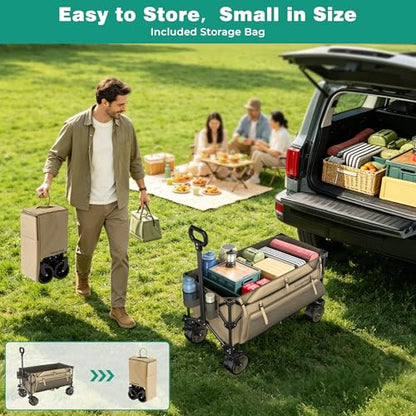 SUNNYFEEL 300L Collapsible Wagon Cart with Big Wheels, 550LBS, Khaki - color: Khaki