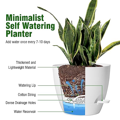UOUZ Large Self Watering Pots, 12/10/9 Plastic Planters with High Drainage Holes and Deep Reservoir for Indoor Outdoor Garden Plants and Flowers, White - color: White