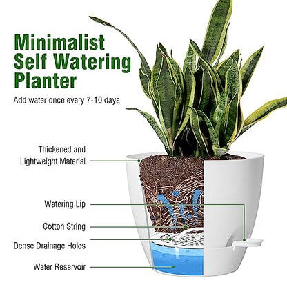 UOUZ Large Self Watering Pots, 12/10/9 Plastic Planters with High Drainage Holes and Deep Reservoir for Indoor Outdoor Garden Plants and Flowers, White - color: White