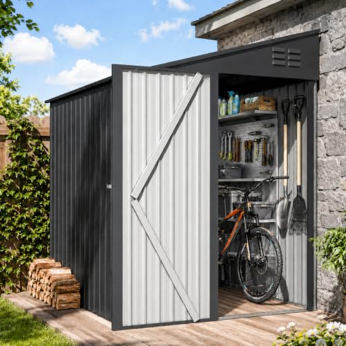 AECOJOY 4' x 6' Lean to Shed, Small Metal Outdoor Storage Shed, Wall Side Sheds & Outdoor Storage Cabinet Clearance, Bike Shed for Garden, Backyard and Outdoor Use in Dark Grey - color: Dark Grey, size: 4' x 7'