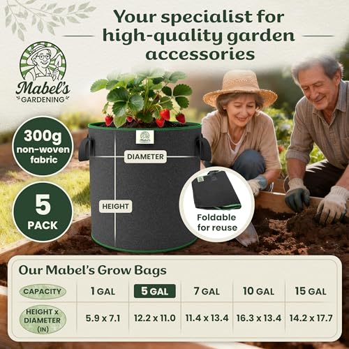 Mabel's Gardening 5-Pack 5 Gallon Grow Bags - Garden Planting Bags 11.0 x 12.2 INCH Made of 8.85 oz/yd² (300g/m²) Felt & Fleece Fabric Plant Pot, Plant Bag, Grow Bag for Strawberry Chilli Tomato - color: 5-pack, size: 5 Gallon