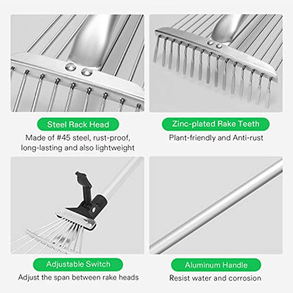 VIVOSUN 2-Piece Leaf Rake Set - Adjustable Garden/Camping Rake with 15/9 Tines, Collapsing Tines & Telescopic Handle (64'' & 30'') - style: 64'' & 30'' Leaf Rake Set