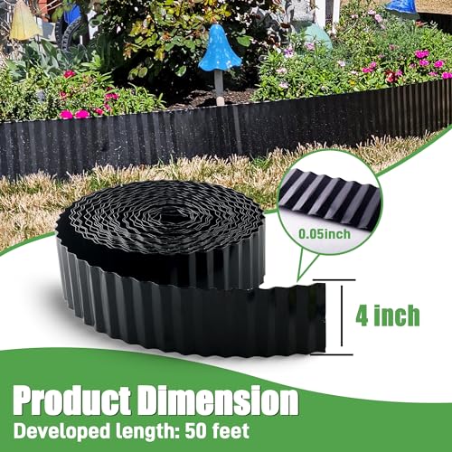Quibbay Metal Corrugated Garden Edging, 4" x 50Ft Landscape Edging for DIY Flower Beds, Flexible Bender Border for Lawn, Garden and Yard, Sturdy Galvanized Garden Edging, Black - color: Black, size: 4 Inch × 50FT