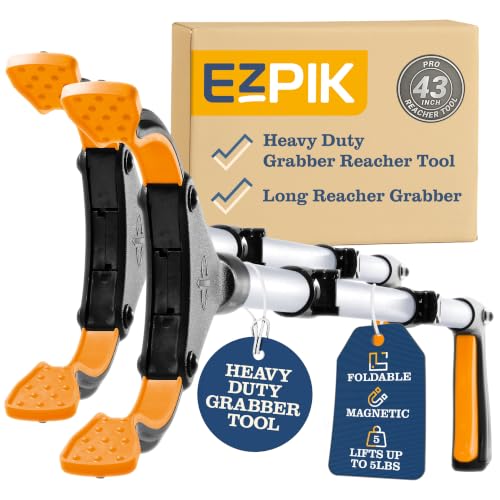 EZPIK Pro 43" Foldable Grabber Reacher Tool for Seniors - Grabbers for Elderly Reaching Tool Heavy Duty Pickup Trash Picker Upper Equipment - Claw Grabber Stick for Reaching Aids, Weed Gripper 2-Pack - color: Silver, size: 43" - 2 PK