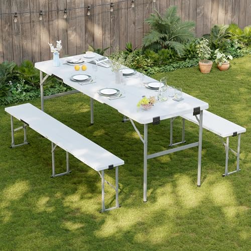Picnic Table Set with 2 Benches,6 Feet Folding Camping Table Chair Set with Wood Grain Tabletop,3-Piece Outdoor Indoor Portable Folding Furniture for Party, Camping, Picnic, Weddings (White) - color: White