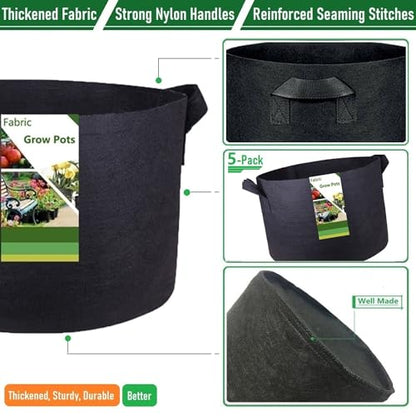 5-Pack 10 Gallon Thickened Plant Grow Bags (16x12 in) Fabric Plant Pots for Tomato,Potato Planters,Herbs Veggies Planter Bag,Flower Pot,Garden Pot,Barrel Planter,Plant Container with Gardening Gloves - size: 10 Gallon (16x12 inches)