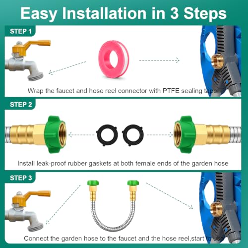 Stainless Steel Garden Hose Connector 1FT, Short Metal Small Hose Extension Adapter for Hose Reel, Short Flexible, Lightweight & Heavy Duty Water Pipe, No Kinking Outdoor Water Hose for Yard