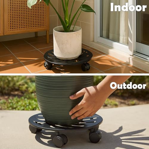 2-Pack 13.5" Round Metal Plant Caddy with Wheels Heavy-Duty Large Rolling Plant Stand Indoor Outdoor Wheeled Planter Dolly Cart Coaster Flower Pot Mover Roller Base, Garden Trolley - size: 13.5 in