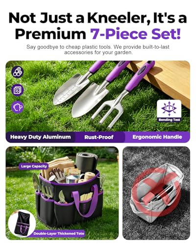 Garden Stool & Kneeler 7-Piece Set with 3 Aluminum Tools, Double-Layer Tote Bag & 2 Side Pouches - Foldable Gardening Bench Kit - Ideal Gifts for Women Mom Seniors (Purple) - color: Purple