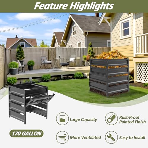 Compost Bin Outdoor -170 Gallon Metal Mesh Rust-Proof Coating Composter - size: 170 Gallon - 31.5(L)*31.5(W)*39.4(H)inch