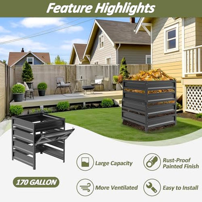 Compost Bin Outdoor -170 Gallon Metal Mesh Rust-Proof Coating Composter - size: 170 Gallon - 31.5(L)*31.5(W)*39.4(H)inch