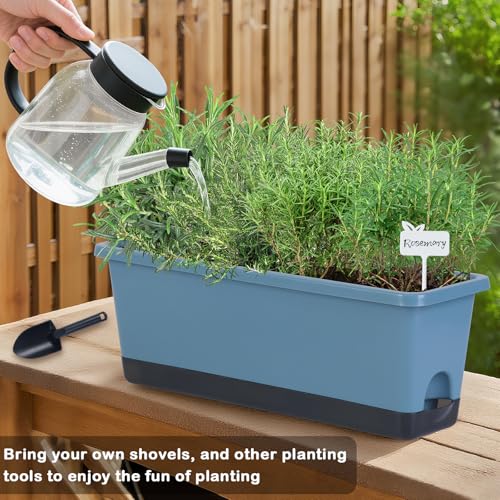 Window Box Planter 4 Packs, 17 Inches Rectangle Flower Pots with Drainage Holes & Trays, Pots for Vegetables, Herbs, Flowers, Garden Windowsill Balcony (Blue, 17 * 5.1 * 6 inch) - color: Blue