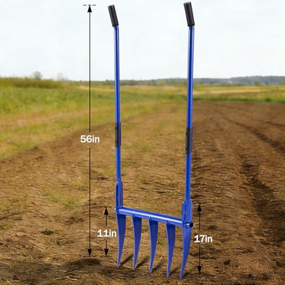 56'' Heavy Duty Broadfork for All the Soils, Detachable Design Pitchfork, 5 Sharp and Cambered 11'' Tines Bord Fork Garden Tool, Ergonomic Handles, Good Package, Easy Assembly, Blue.