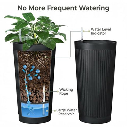 TUYOHW 24 Inch Tall Round Plastic Planter with Self Watering System, Large Indoor Outdoor Planter for Home, Patio, Garden - color: Black-round