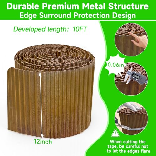 Corrugated Garden Edging, 12"×10Ft Pre-Rusted Landscape Edging & Lawn Edging Border, Metal Garden Border for Flower Beds, Garden，Lawn，Raised Beds & Tree Surrounds - color: Pre-Rusted, size: 12"×10Ft