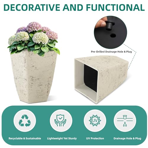 2-Pack 19" Country White Resin Square Planters with Drainage Hole - color: 19"h-ivory Rustic Stone