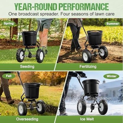PPOLB Broadcast Spreader for Lawns, 50LB Fertilizer Spreader with 30-Level Flow Control, Walk Behind Lawn Seed & Salt Spreader, 0–10FT Coverage, Hopper Screen, Rain Cover, 12" Pneumatic Wheels - size: 50LBS