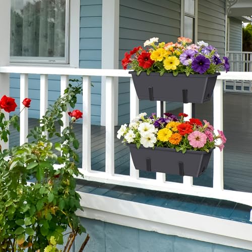 Railing Planter Box 2 Pack Rectangular Window Boxes Planters with Double Adjustable Brackets, Balcony Deck Railing Hanging Planters Herb Flower Pots for Indoor Outdoor Plants Garden Fence Rail - color: Gray