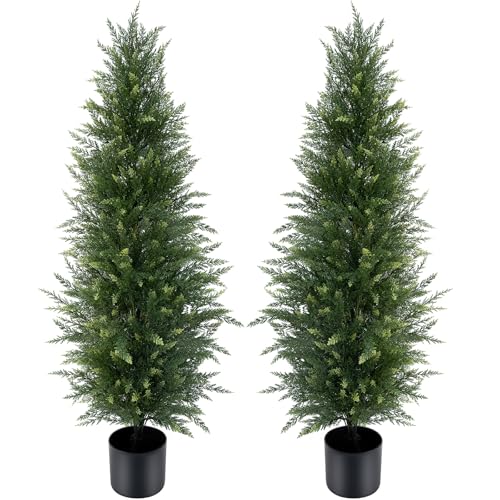 4 ft Artificial Cedar Topiary Trees Set of 2 Outdoor Faux Plants - color: Green, size: 4FT