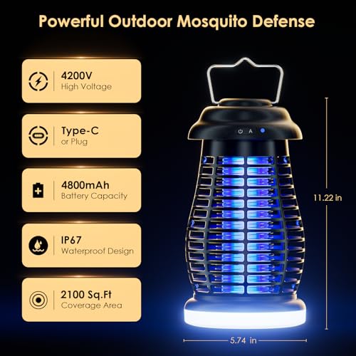 Cordless Bug Zapper Outdoor, 4200V Electric Mosquito Zapper, Fly Trap, Rechargeable Portable Fly Zapper, Waterproof Mosquito Trap Insect Killer Indoor Outdoor for Camping, Garden, Backyard, Home