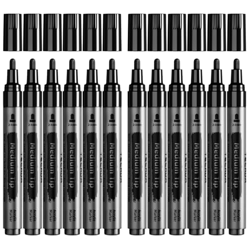 12 Black Paint Pens - Permanent Acrylic Paint Markers, Medium Tip - color: Black