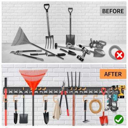 Garden Tool Organizer Wall Mount - Garage Storage and Organization Yard Tool Hanger with Adjustable Pegboard Hooks Shed Rack for Broom Mop Shovel Rake Trimmers, 64 inch Max 750lbs, Black - size: 64 Inch