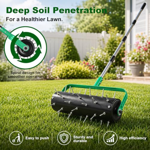 15" Rolling Lawn Aerator, Heavy Duty Push Spike Aeration Tool with 42 Spikes, Filled Pull Behind Garden Drum Roller with 71" Adjustable Handle, Soil Penetrator Push Lawn Aeration for Garden Yard Farm