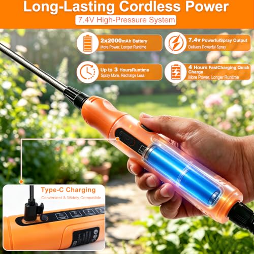 2 Gallon Battery Powered Backpack Sprayer - Rechargeable Electric Garden Sprayer, Comes with an Extra 10FT Hose, 2 Speed Modes, 6 Nozzles, Telescopic Wand, Backpack & Shoulder Sprayer for Lawn Yard - color: Orange-White)